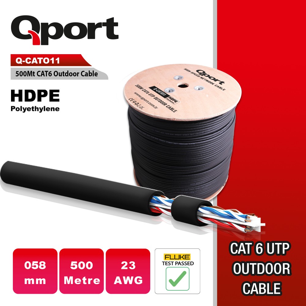 QPORT 500M MAKARALI OUTDOOR 23AWG 0,58 MM SİYAH CAT6 UTP PE KABLO (Q-CATO11)
